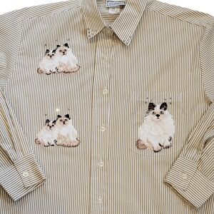 Vtg Cat Lady Button Up Shirt Sm Striped‎ Beige Balinese Ragdoll Bling Donna USA